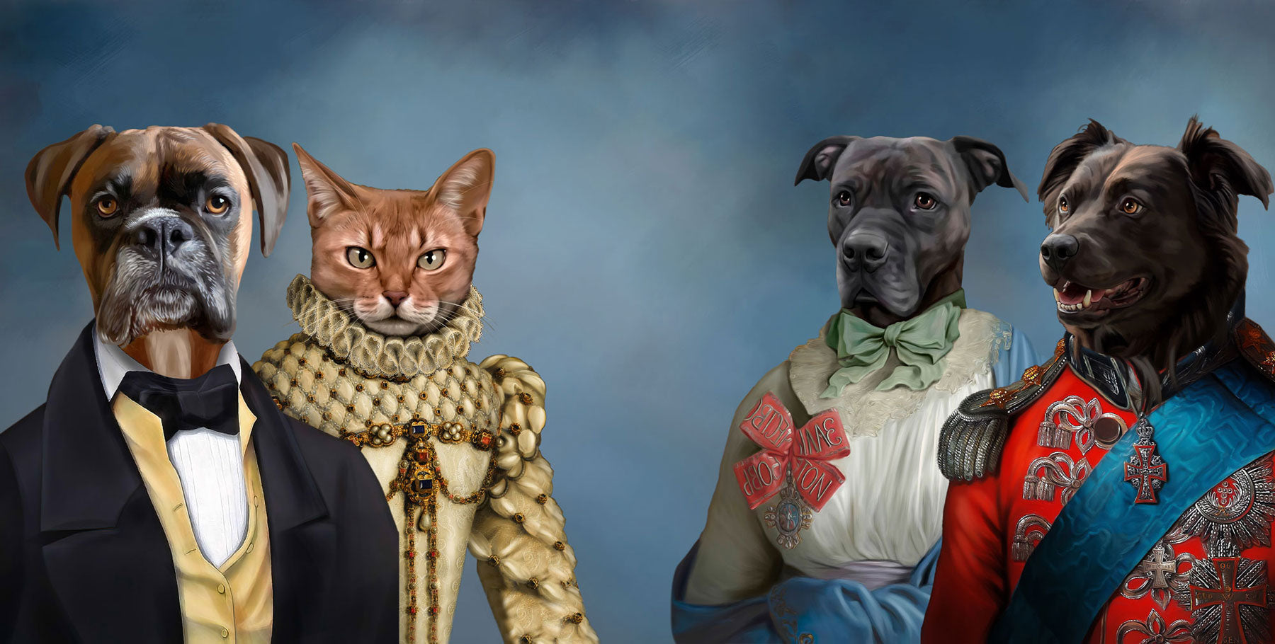 Collection of custom royal pet portraits paintings made from cats and dogs pictures and royal costumes