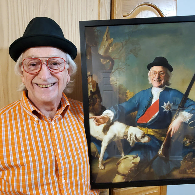 Man holding a custom medieval portrait for his father's day gift