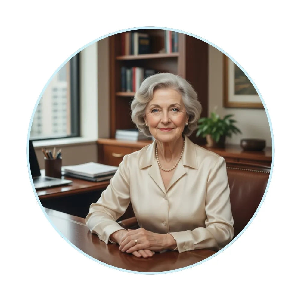 Old woman sitting at a desk in an office setting