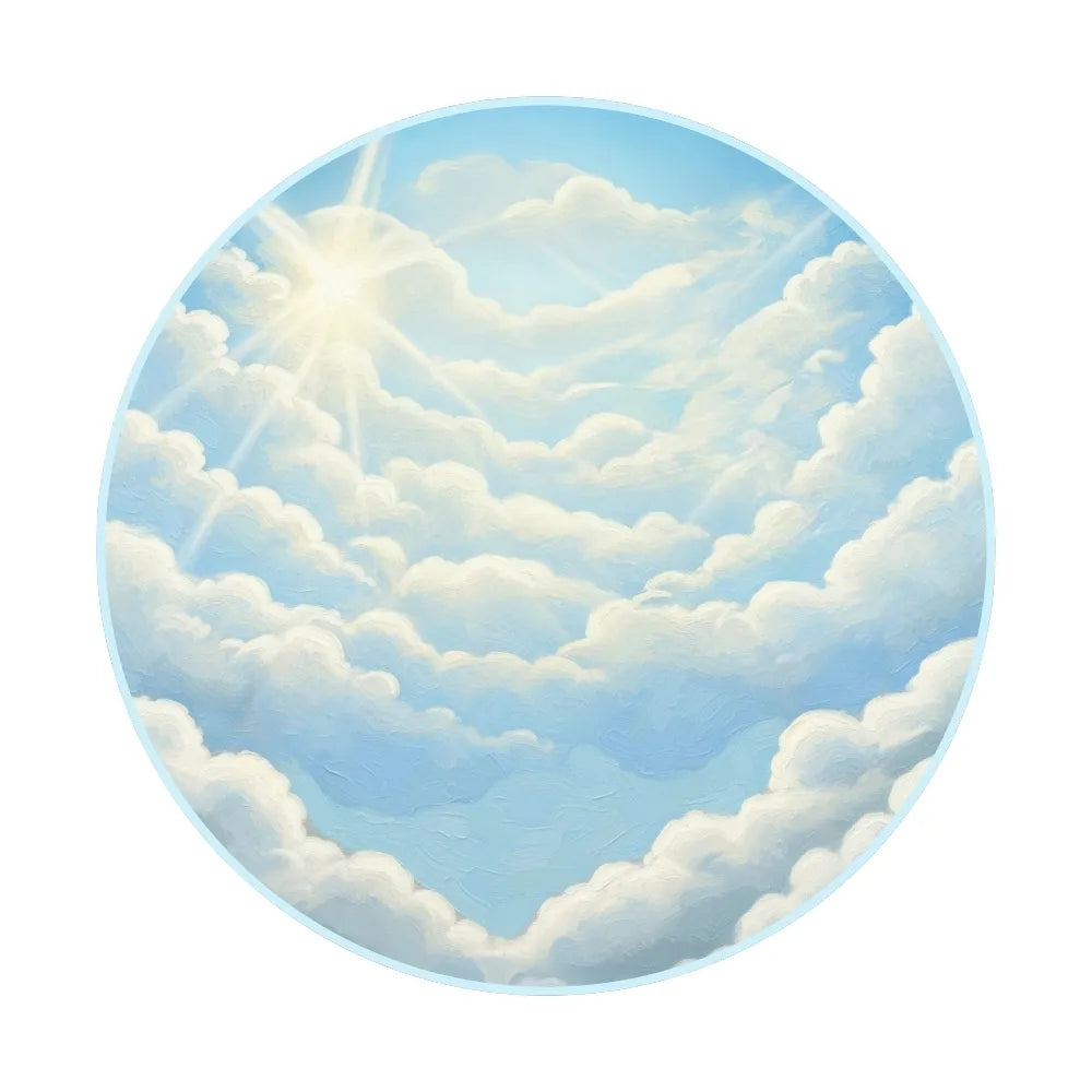 Circular painting of a cloudy sky with sunlight shining through.