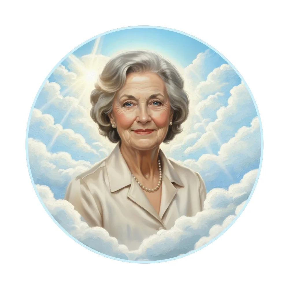 Memorial painting of an elderly woman with a cloudy sky background