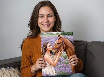 customer holding a canvas horse portrait