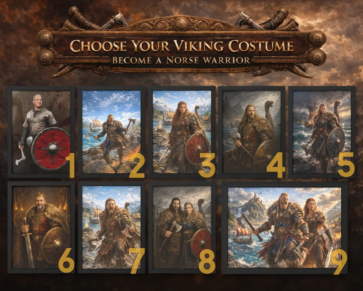 Viking costume selection guide with warrior images and numbered options.