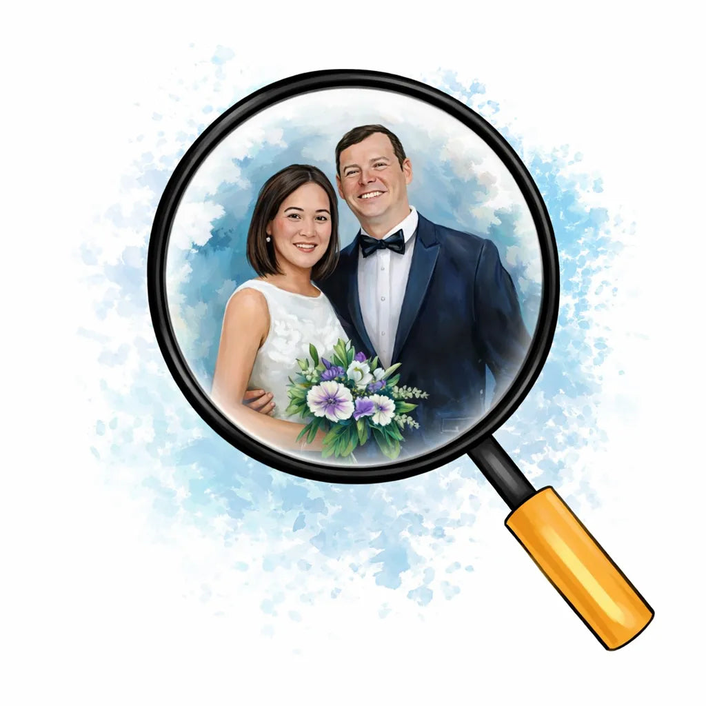 Magnifying glass with a wedding couple and bouquet inside on a light blue background