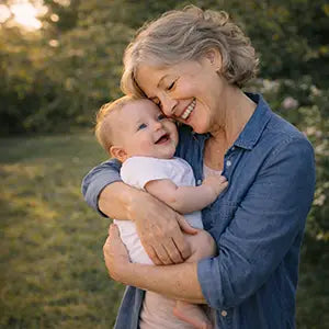 Photo edit showing a baby added to a grandmother’s arms