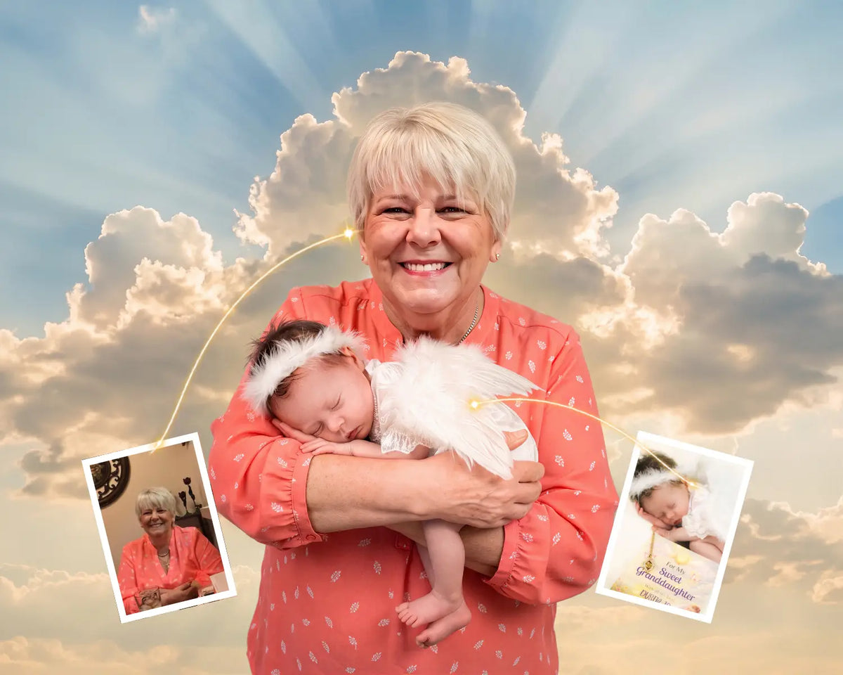 A deceased baby added to her grandmother's photo, the two of them together against a sky of clouds