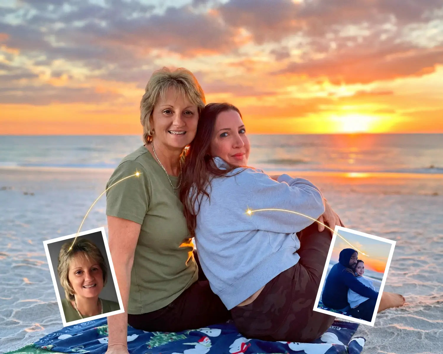 A deceased mother added to her daughter's photo, the two of them back to back on the beach at sunset