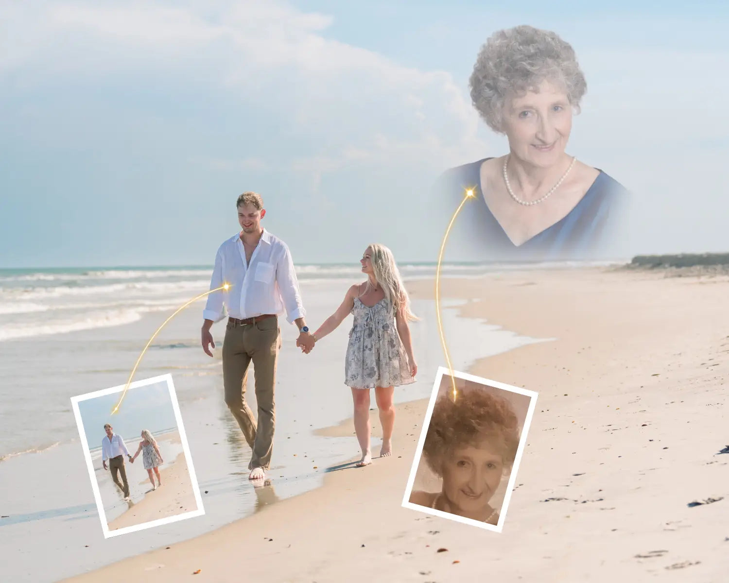 A deceased mother added to her son's photo, watching over him and his wife as they walk the shoreline