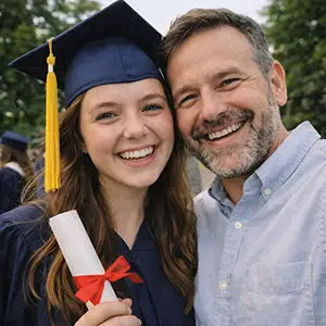 Edited graduation photo with a father added beside his daughter.