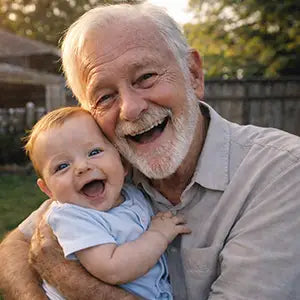 Photo edit showing a grandfather holding a grandson he never met.