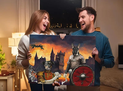 A laughing couple holding a canvas pet portrait of their dogs