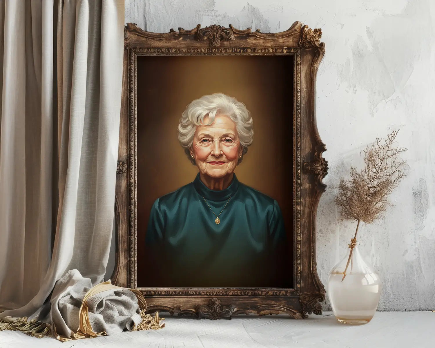 A custom memorial painting in a vintage wooden frame of a deceased elderly woman, created from a photo.