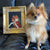 Little fur ball standing with pride next to his personalized renaissance dog portrait painting. Treat your pet as a king with a custom painting illustration done from his photograph.