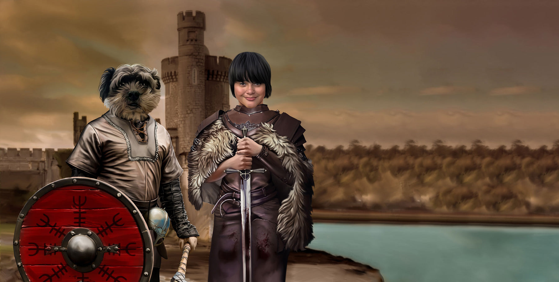 A funny custom-made royal couple portrait of people and pets in historical costumes