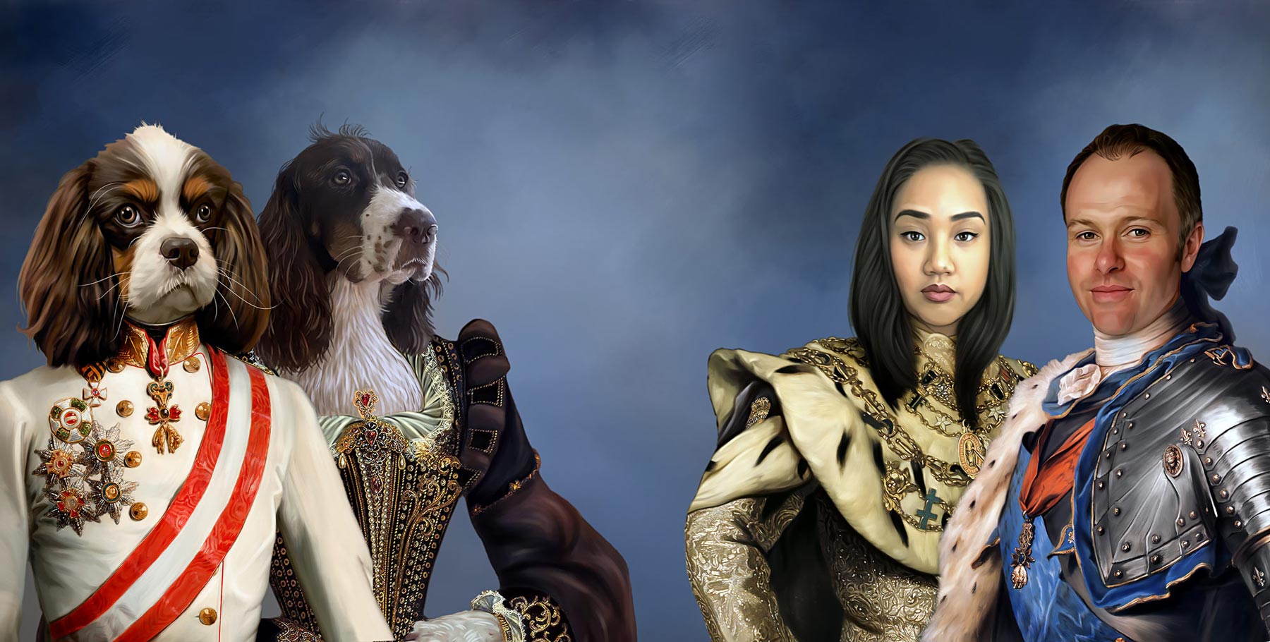 Custom royal portrait of people and pets painted from reference photos