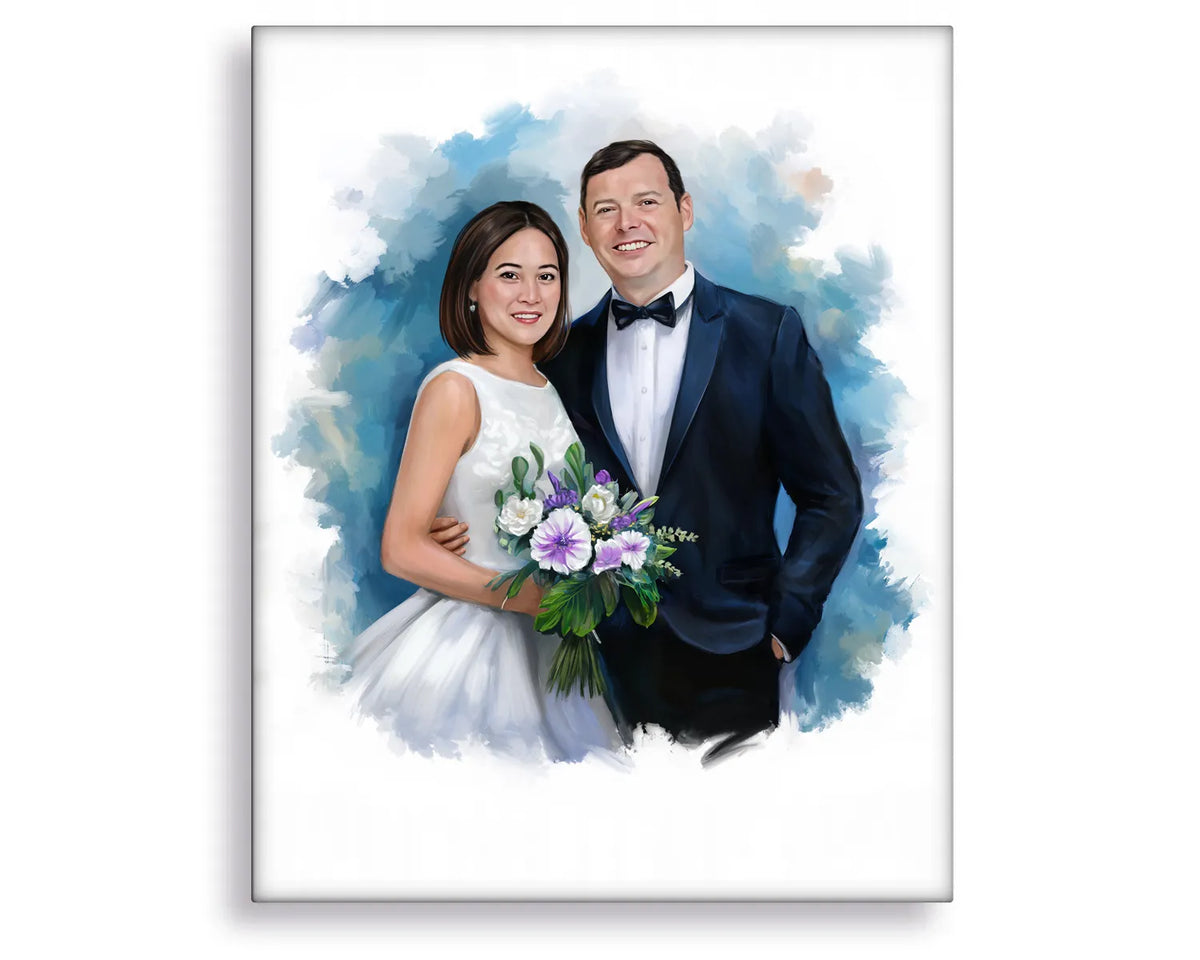 custom watercolor wedding painting of a bride and groom with a blue and white color scheme.