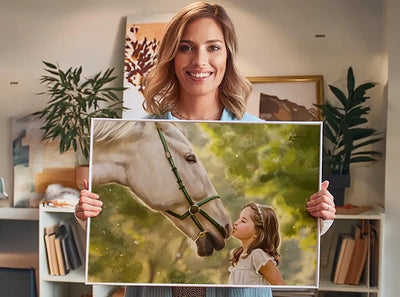 A customer holds a custom horse portrait in her hands