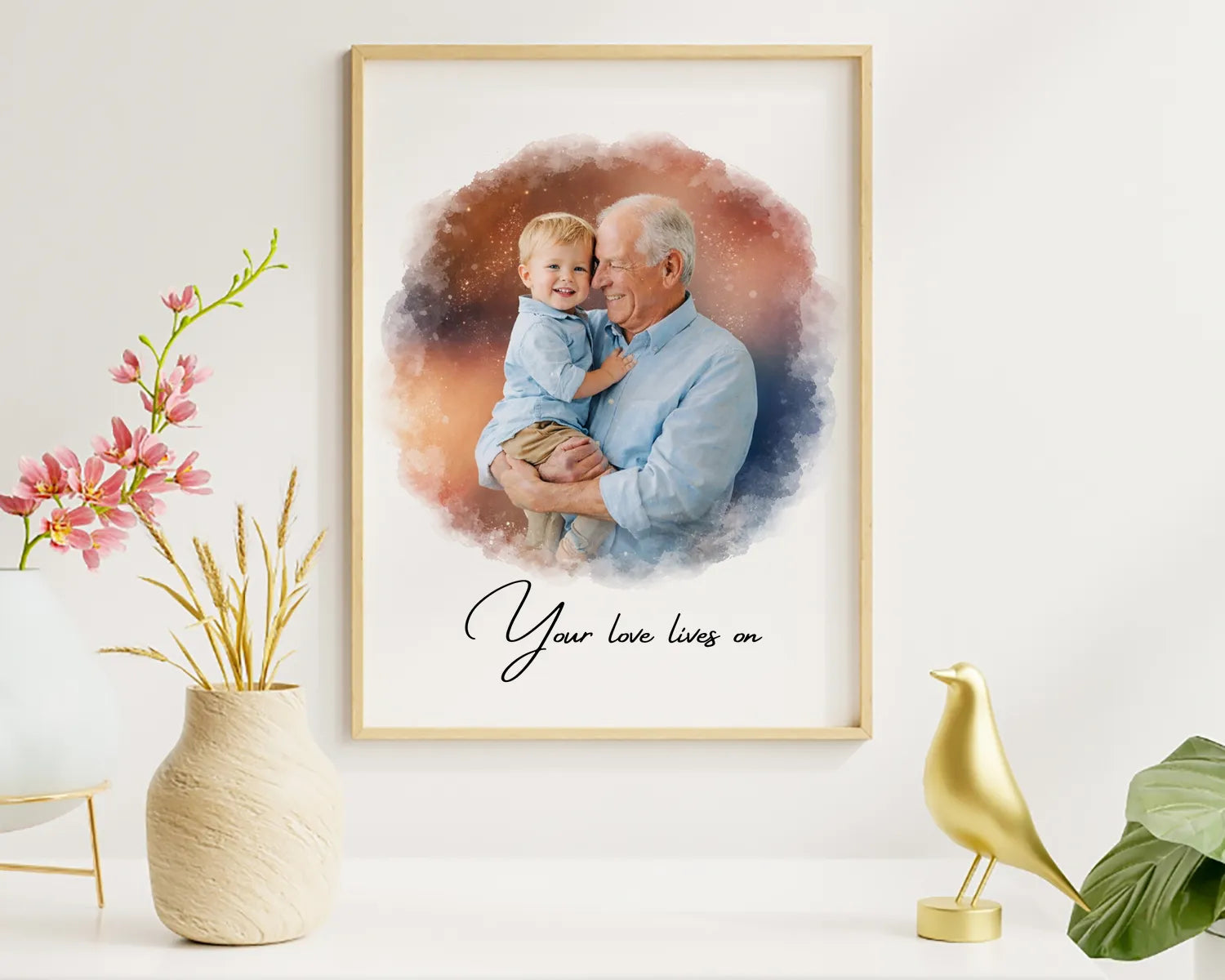 Framed keepsake portrait of grandfather and grandson.