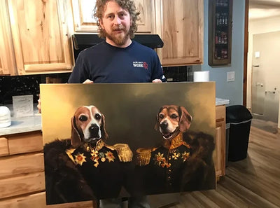 A man holding a custom royal pet portrait featuring two dogs dressed in regal military attire