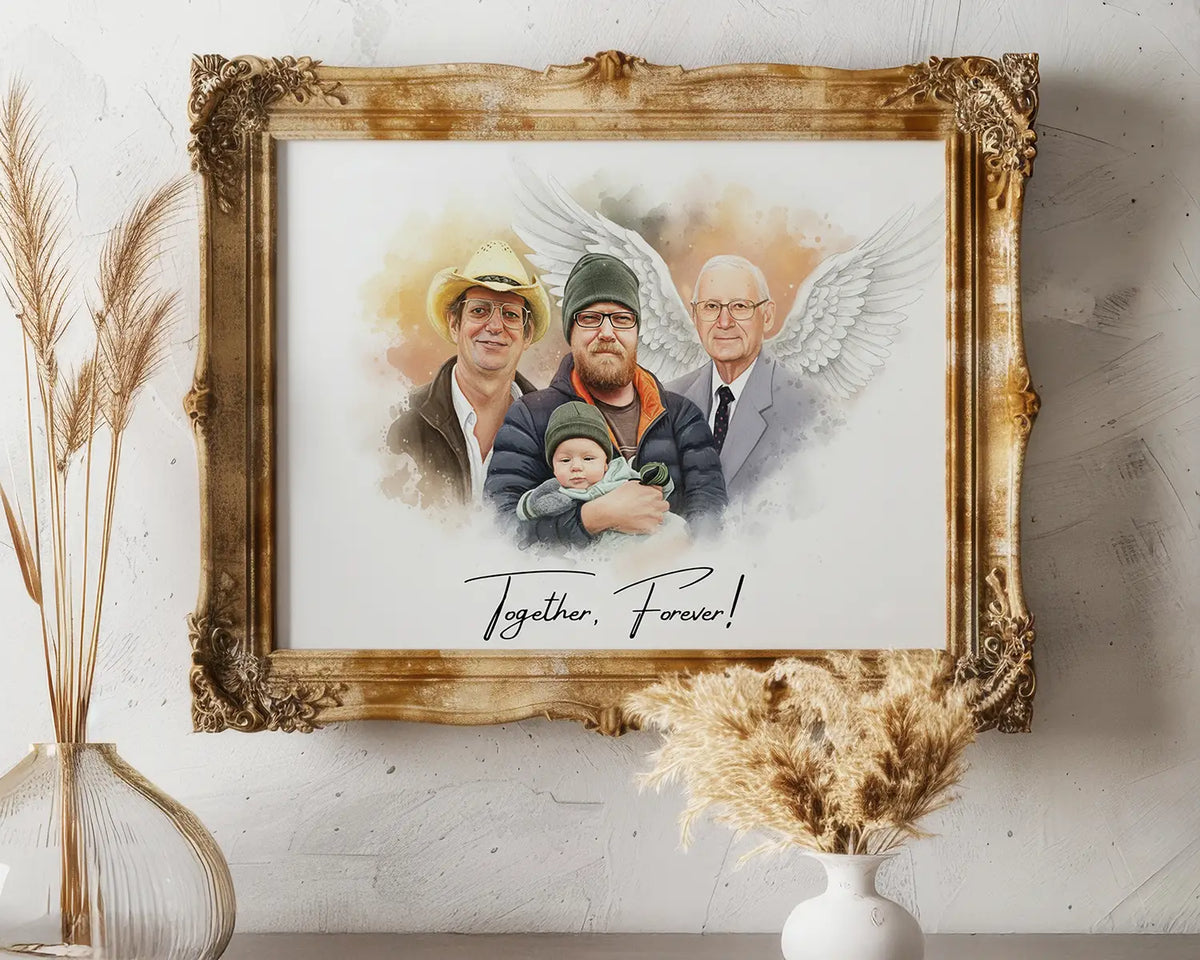 Memorial painting of a father with angel wings beside his son and grandson