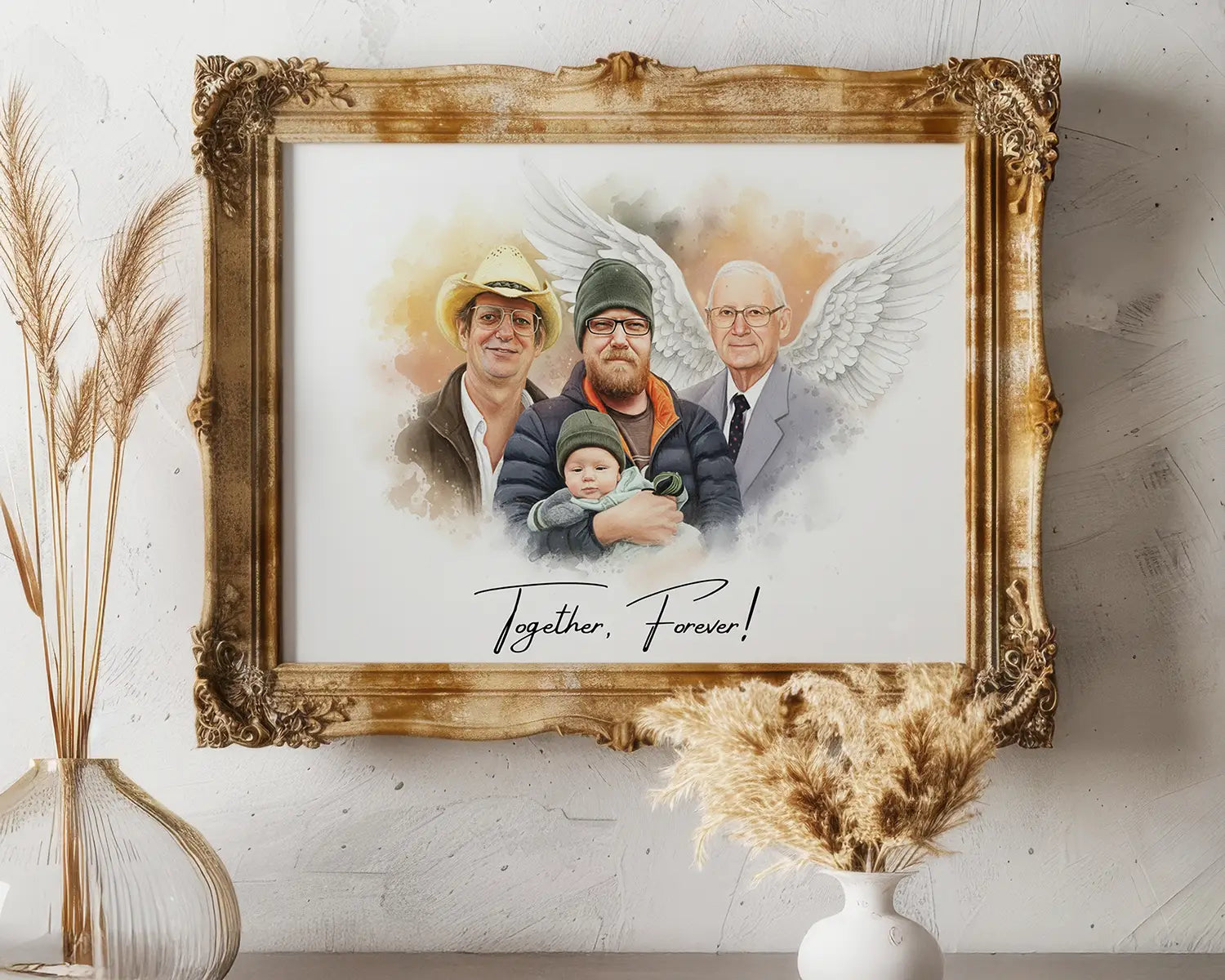 Memorial painting of a father with angel wings beside his son and grandson
