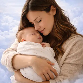 Grieving mother holding her deceased baby in her arms.