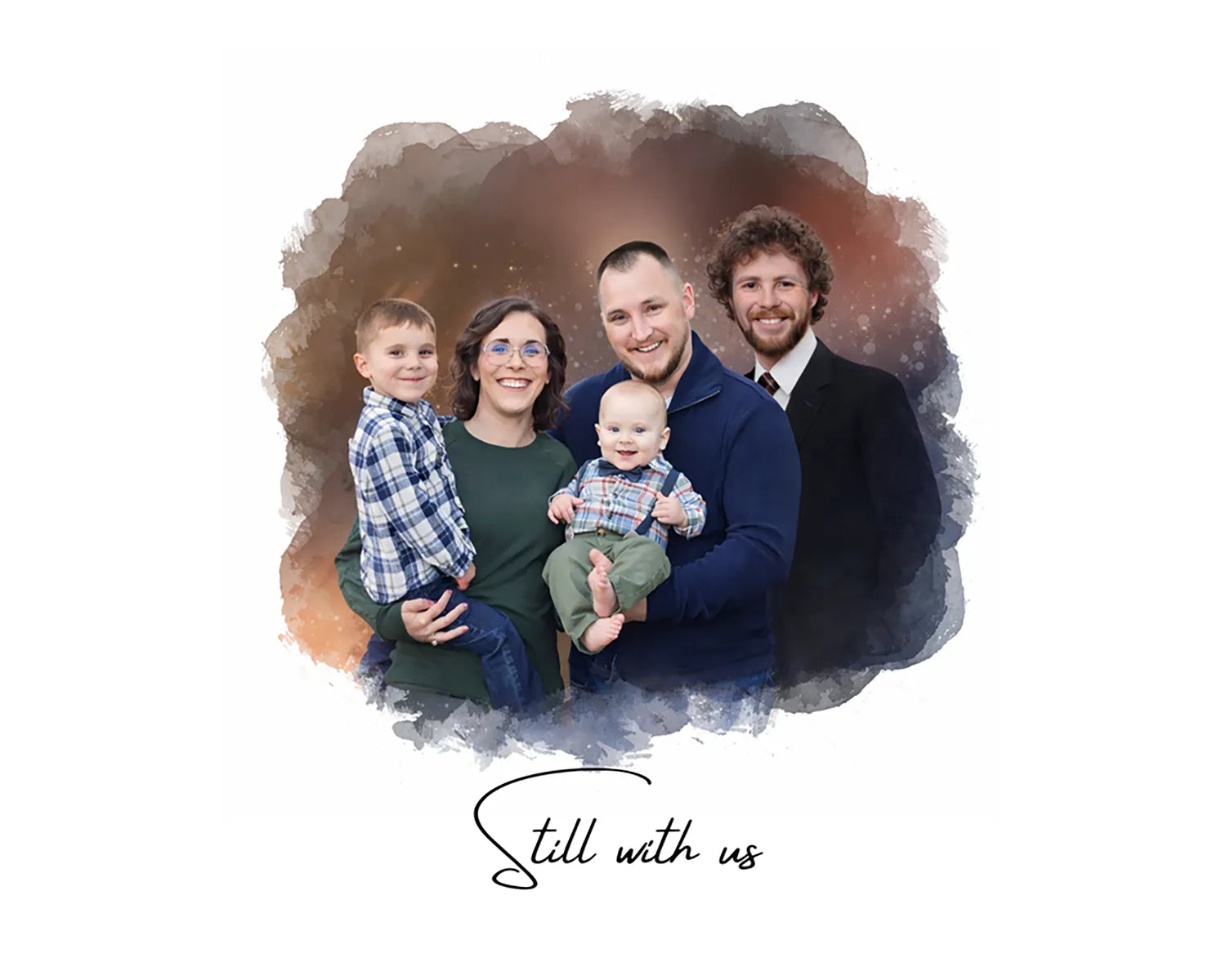 Watercolor painting of passed loved ones together with family, five people