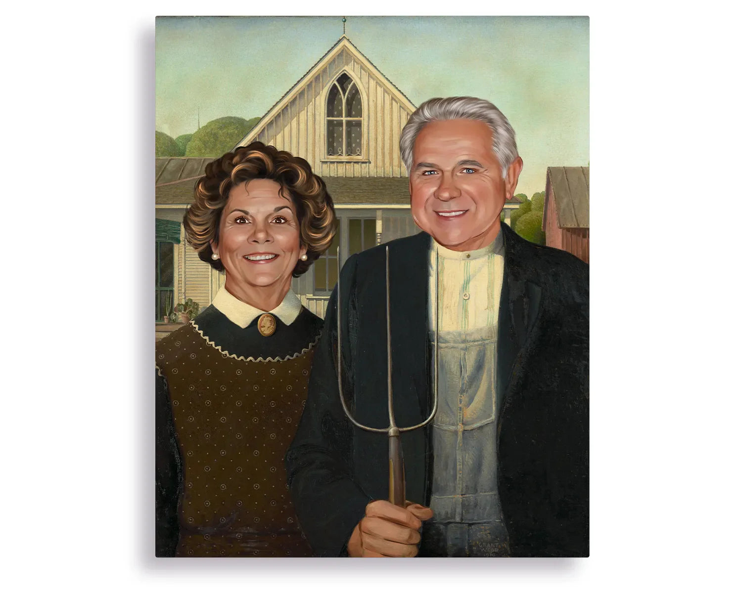 A personalized American Gothic painting example of a farmer and wife with a pitchfork