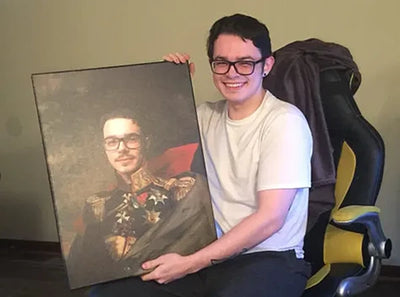 Man holding his personalized royal portrait created from a photo