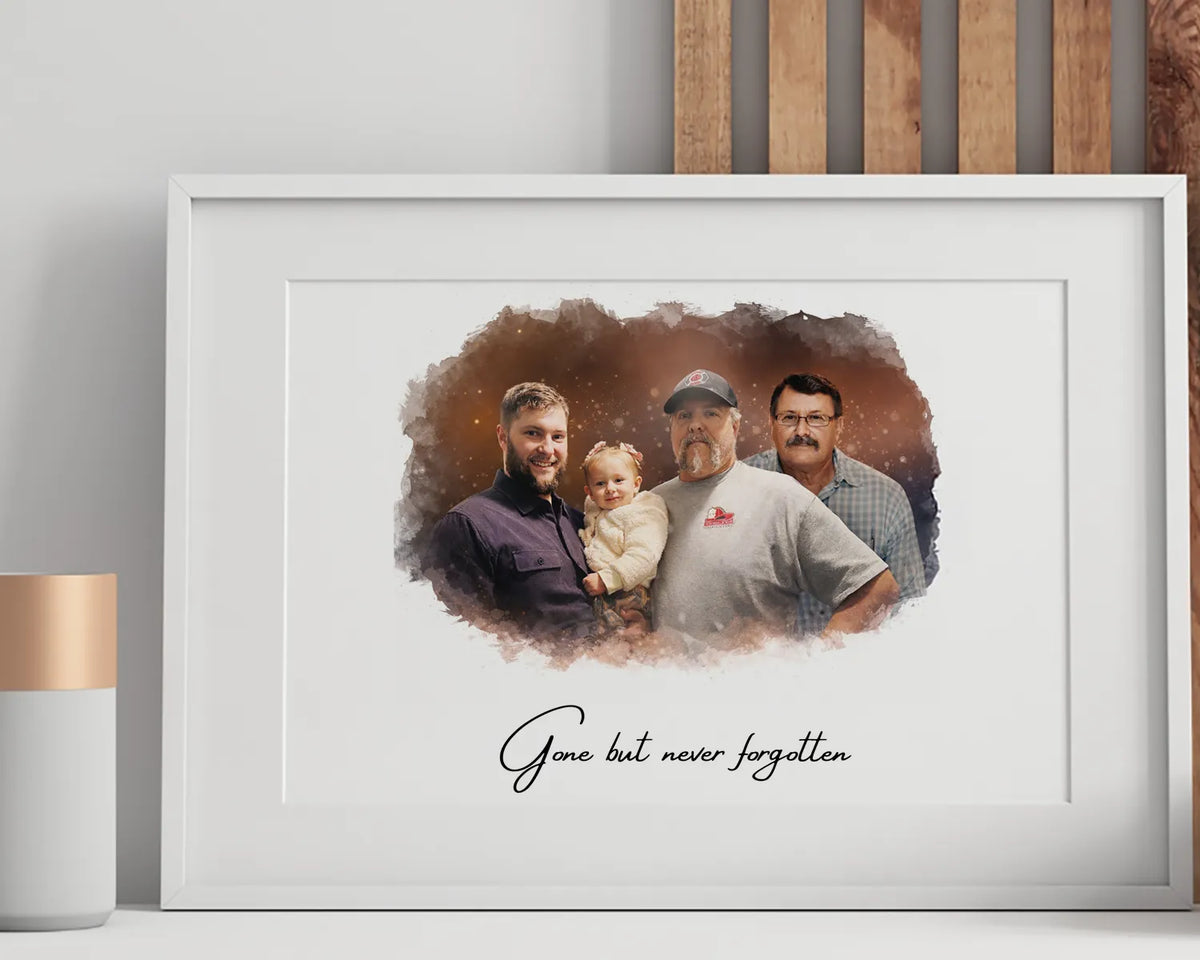 Framed remembrance family portrait of four people, with text reading ‘Gone but never forgotten’.”