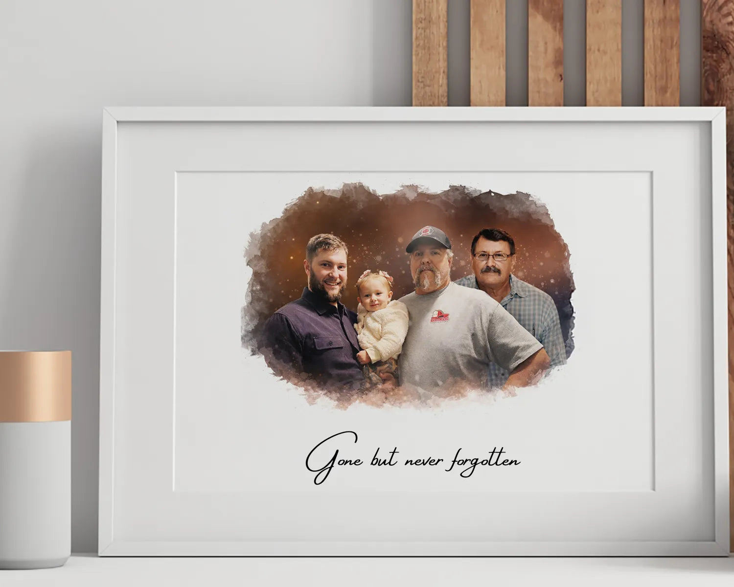 Framed remembrance family portrait of four people, with text reading ‘Gone but never forgotten’.”