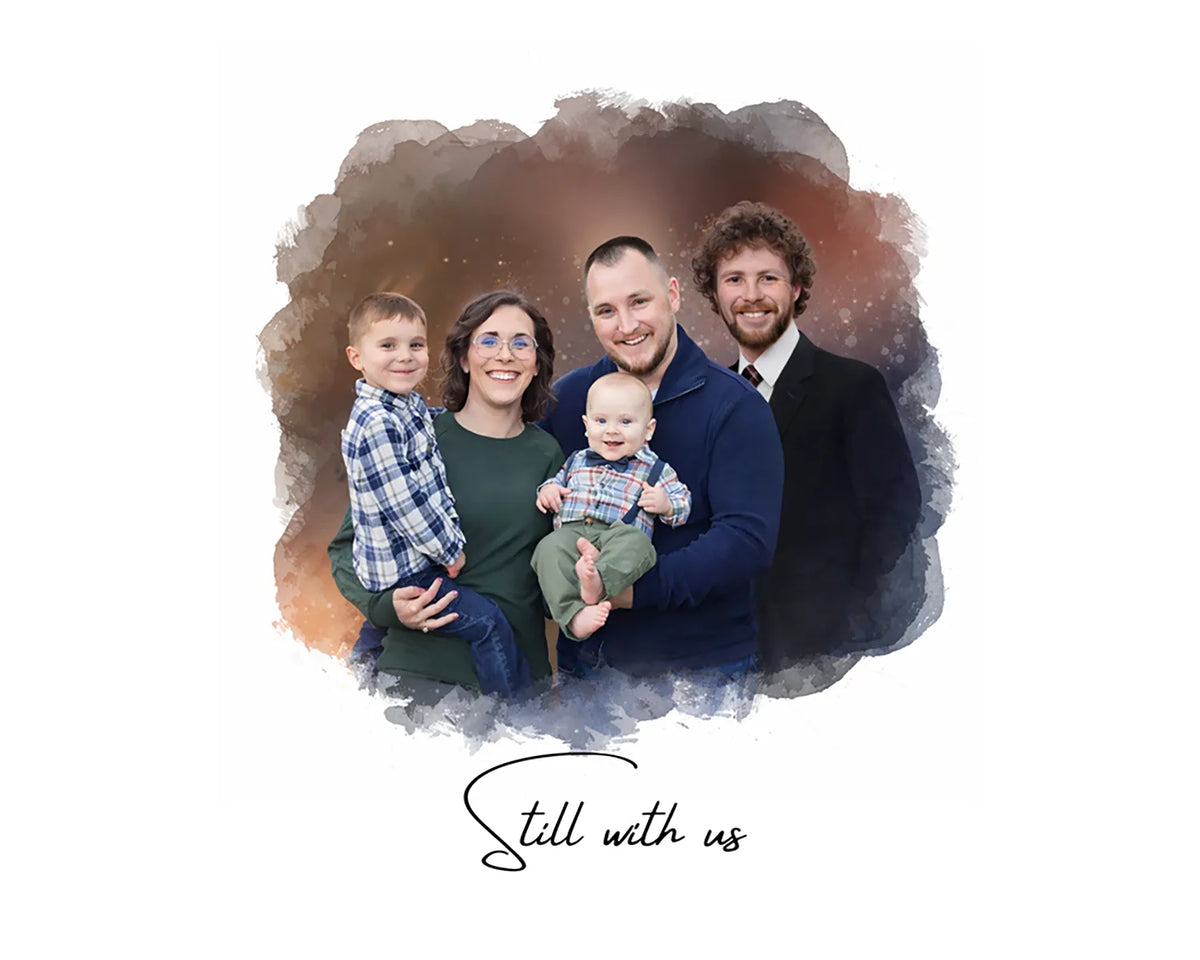 Watercolor memorial family portrait of five people grouped together.