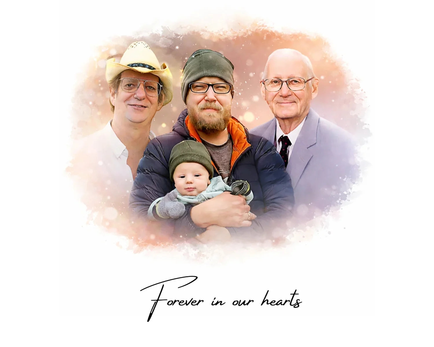 Watercolor-style remembrance portrait of a multi-generation family group.