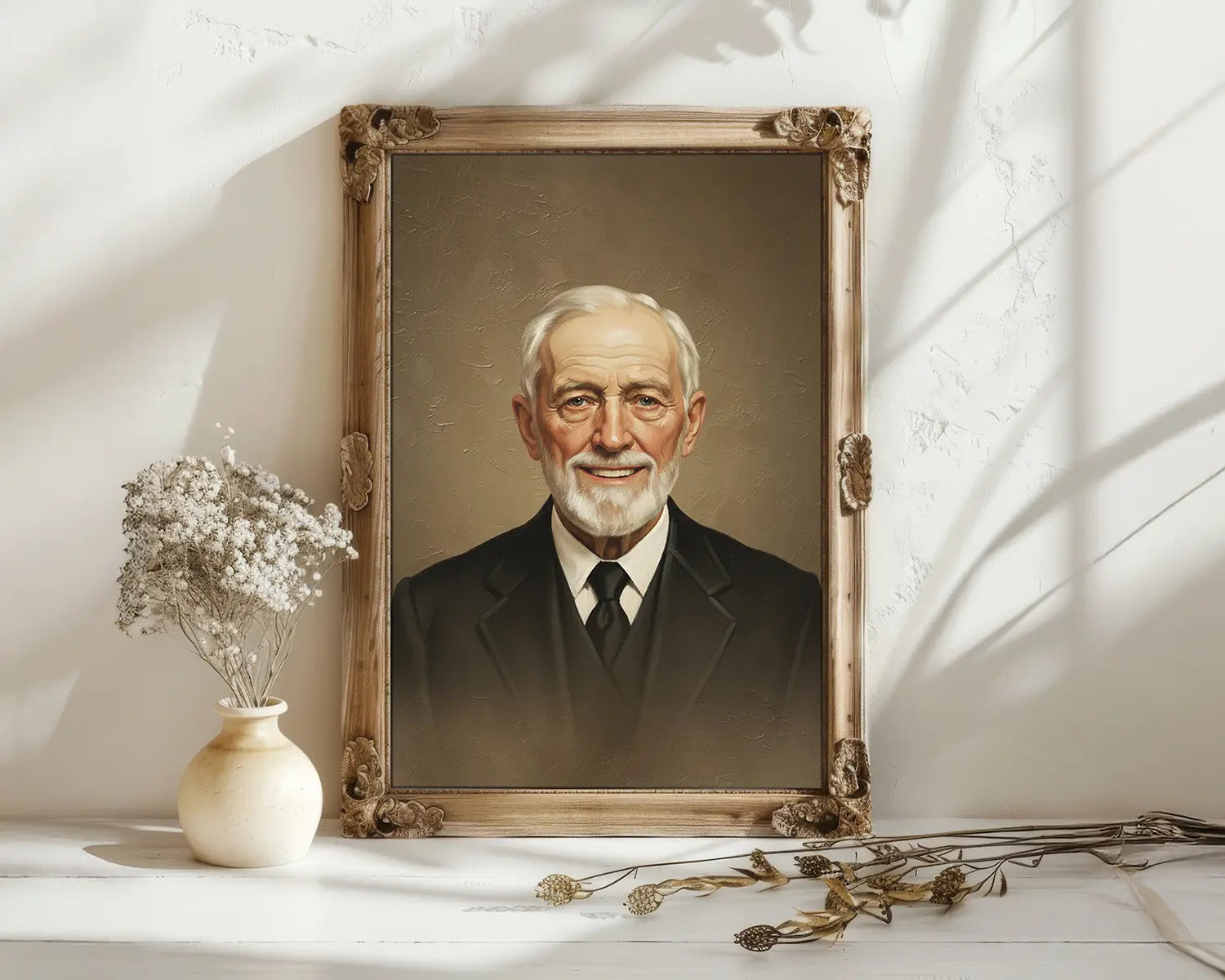 A remembrance painting of a cheerful, elderly gentleman in a suit, displayed in a gorgeous ornate wooden frame.