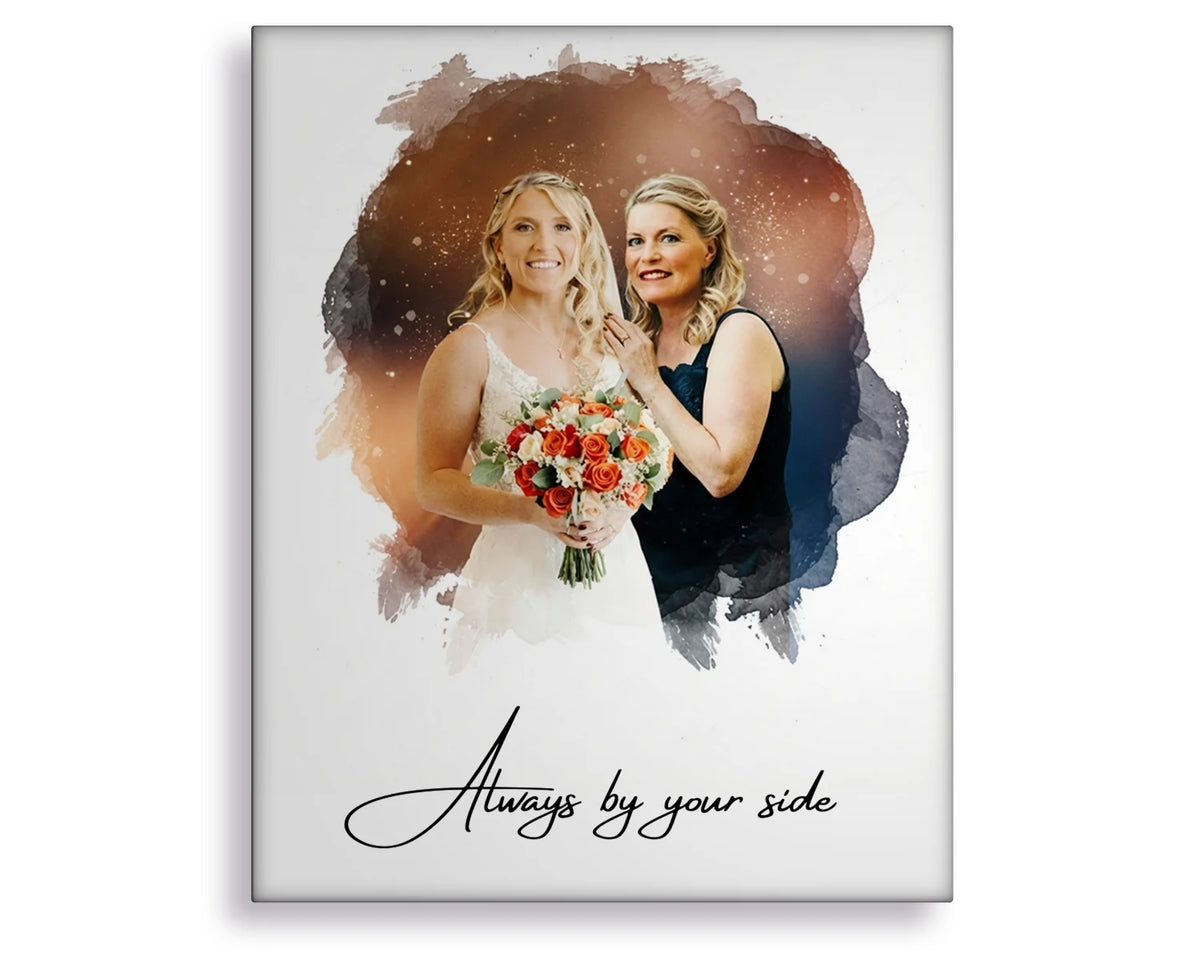 Remembrance portrait of a bride and her mother with 'Always by your side' text.