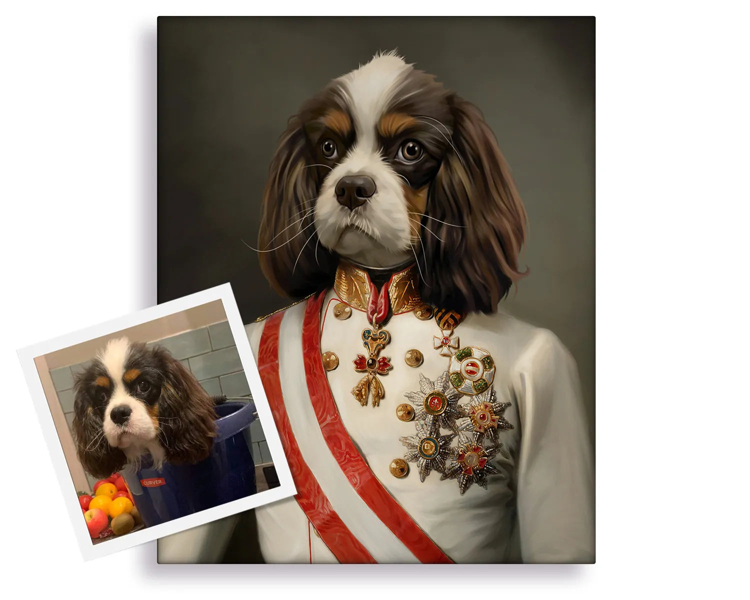A renaissance pet portrait painting, custom-made from a image and a historical costume