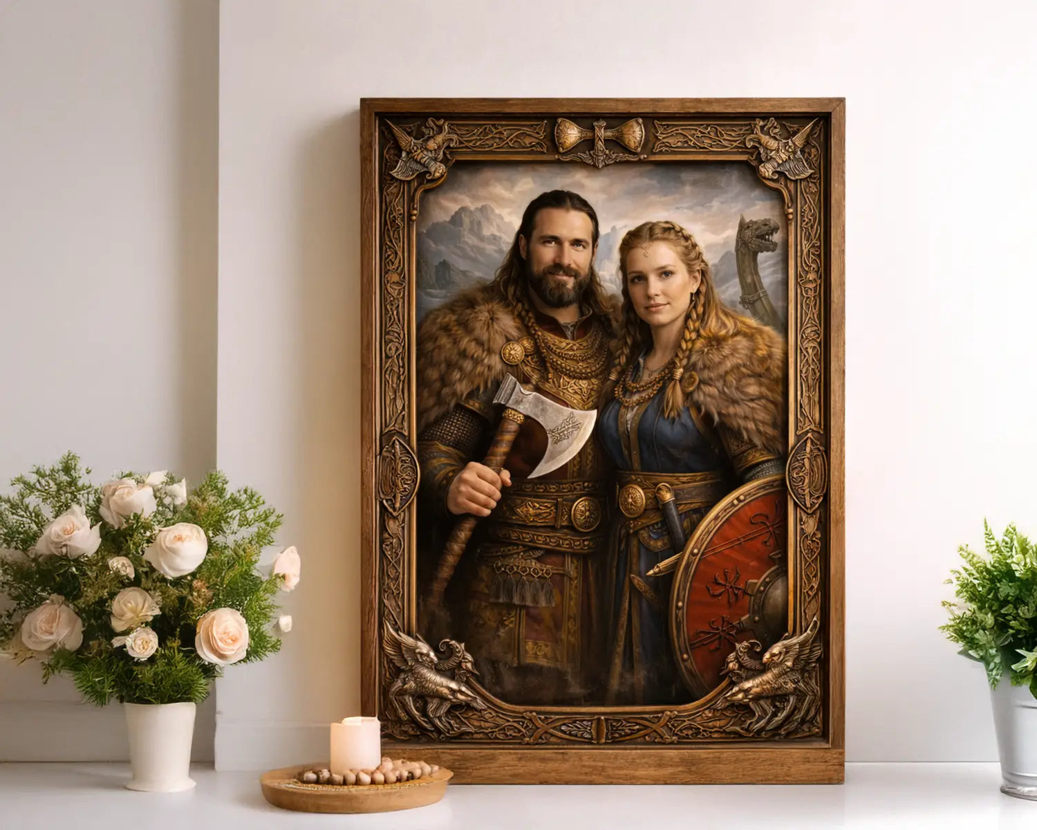 Framed viking couple portrait of a man and woman in warrior costumes on a white wall.