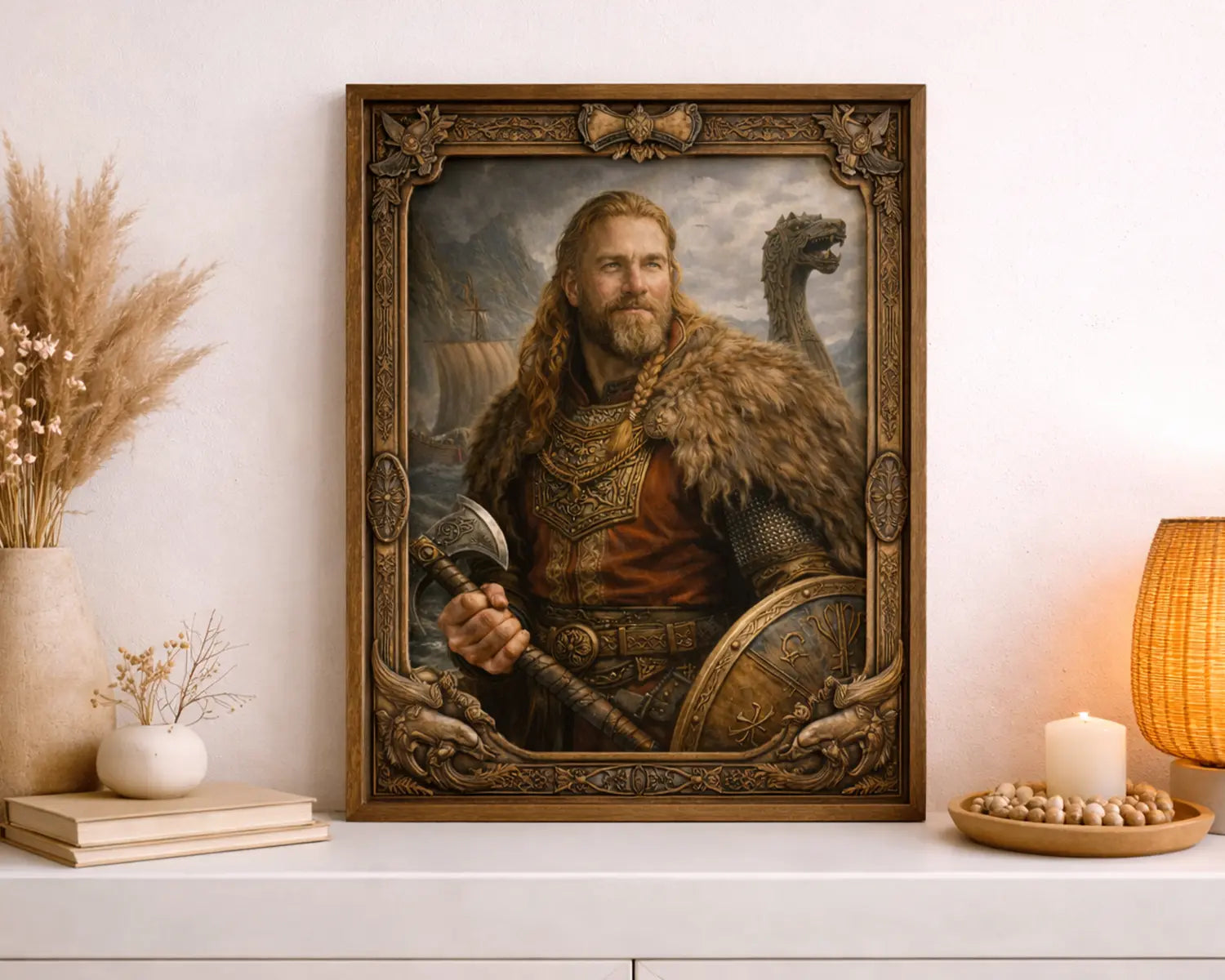Framed Viking warrior portrait on a shelf with decorative items.