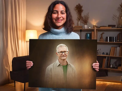 A woman smiles while holding a funeral portrait of a loved one