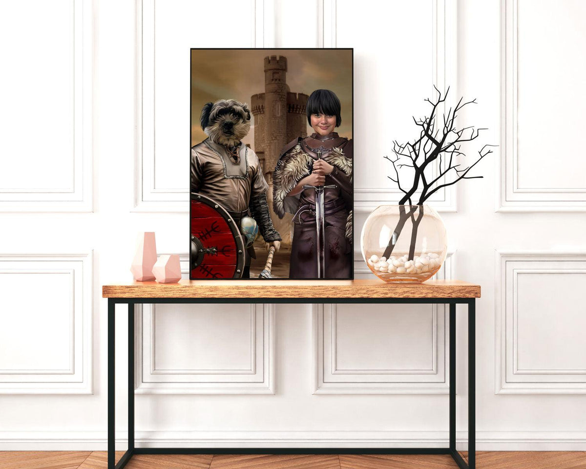 A dog and owner painting put on display on a desk