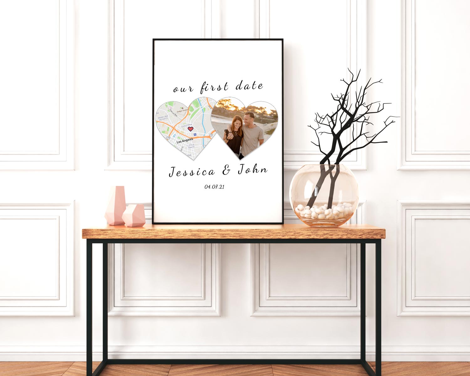 A personalized anniversary map gift hung over an office desk to remember the special day