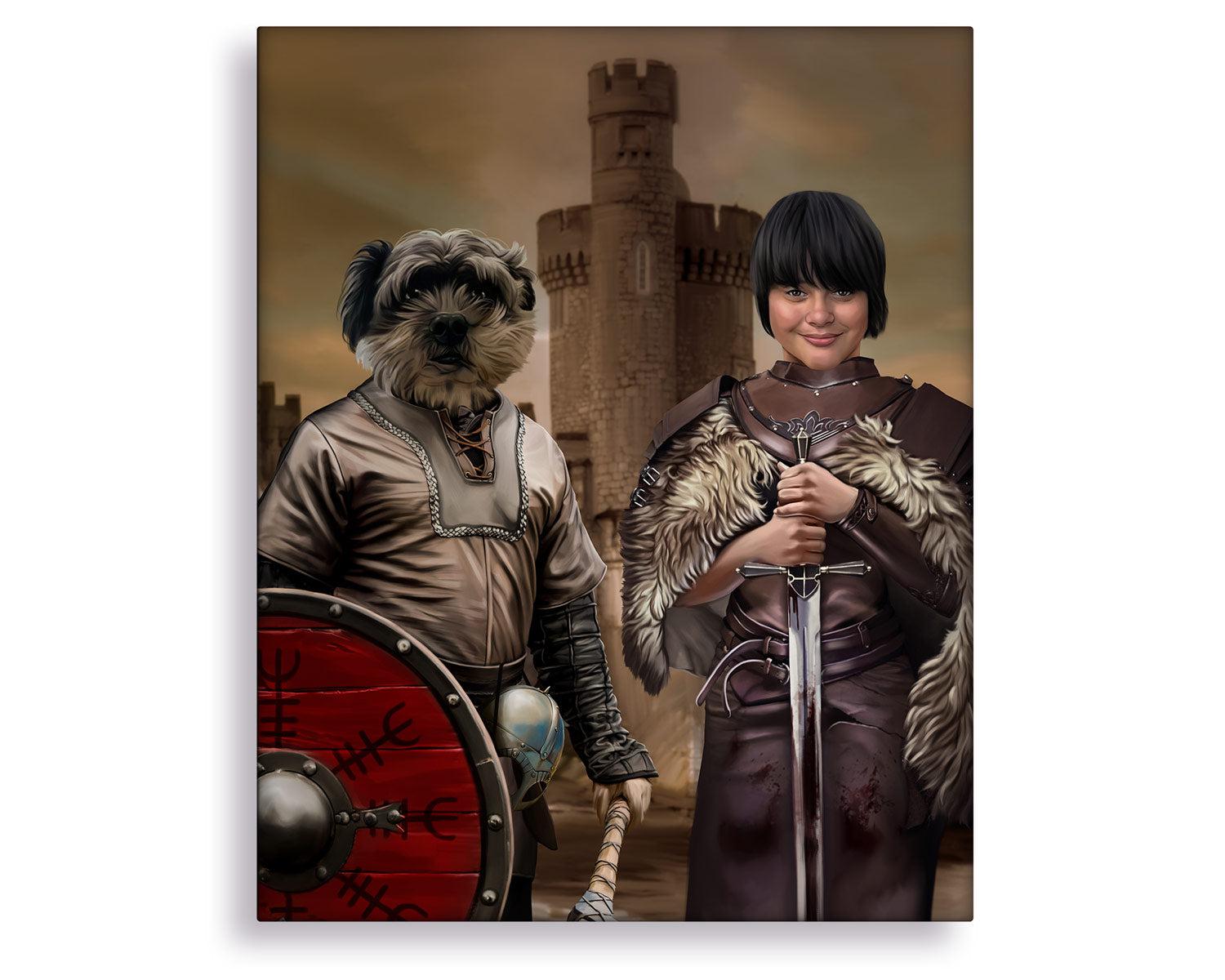 A custom pet and owner portrait depiction of a dog and a woman dressed in warrior outfits