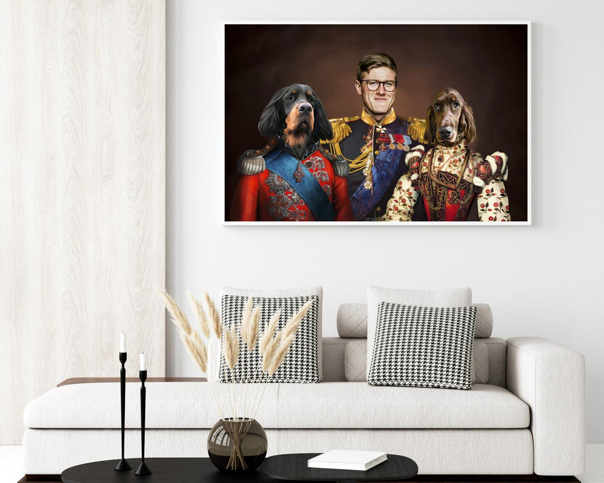 A framed poster depiction of two dogs and owner portrait