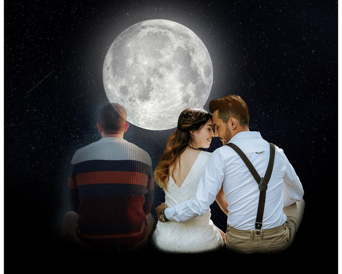 Personalized memorial portrait of a deceased family member superimposed next to relatives