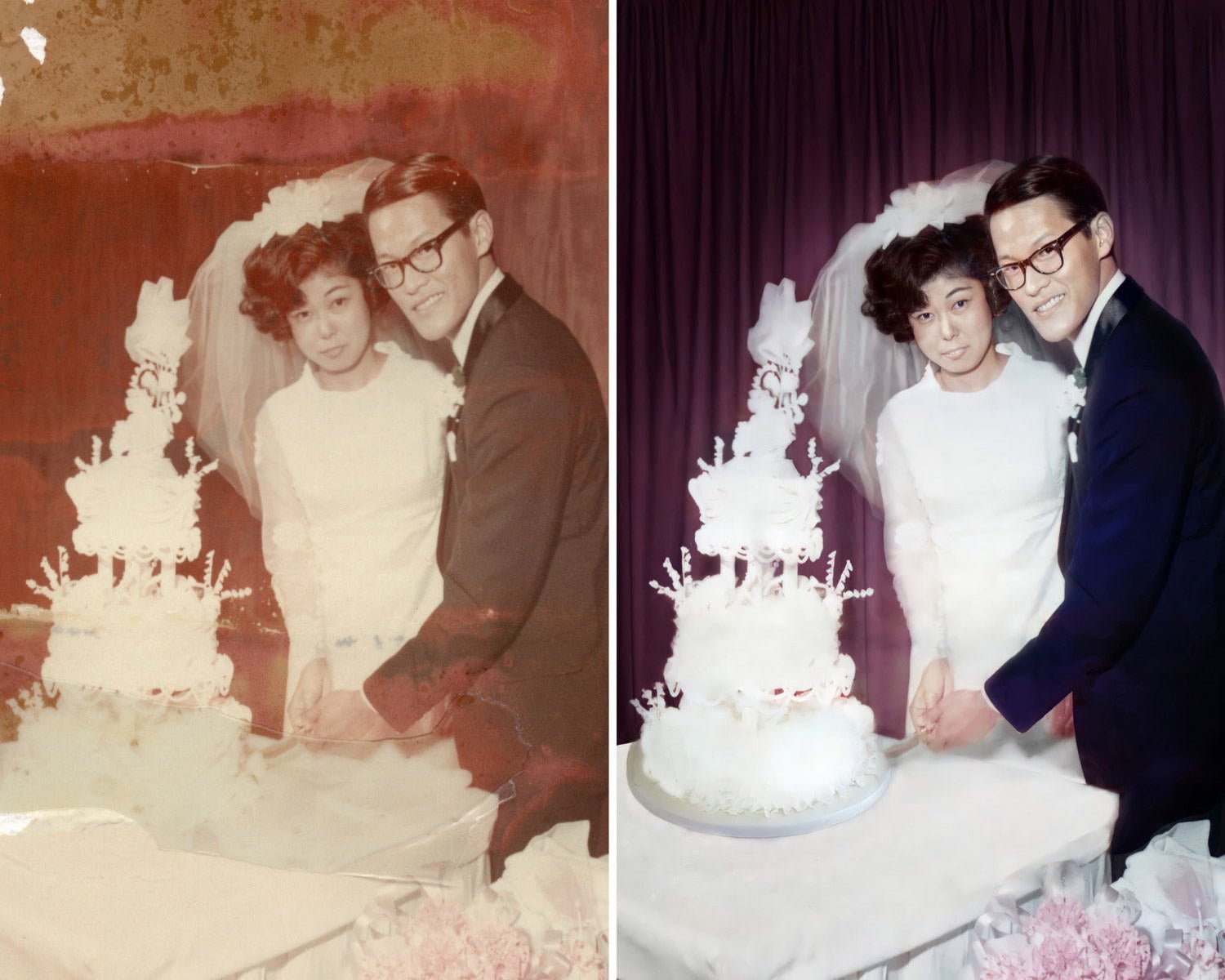 A picture restoration service example of a wedding photo restored from a worn, damaged and faded look