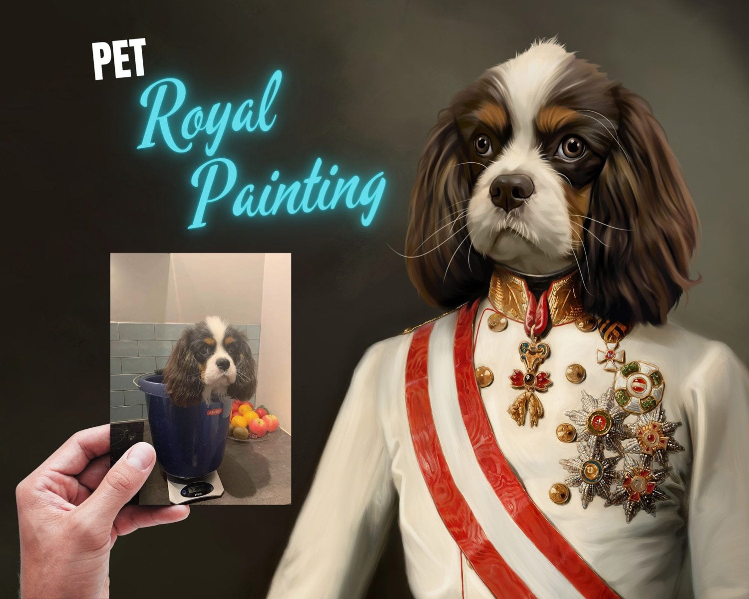 A renaissance pet portrait painting, custom-made from a image and a historical costume
