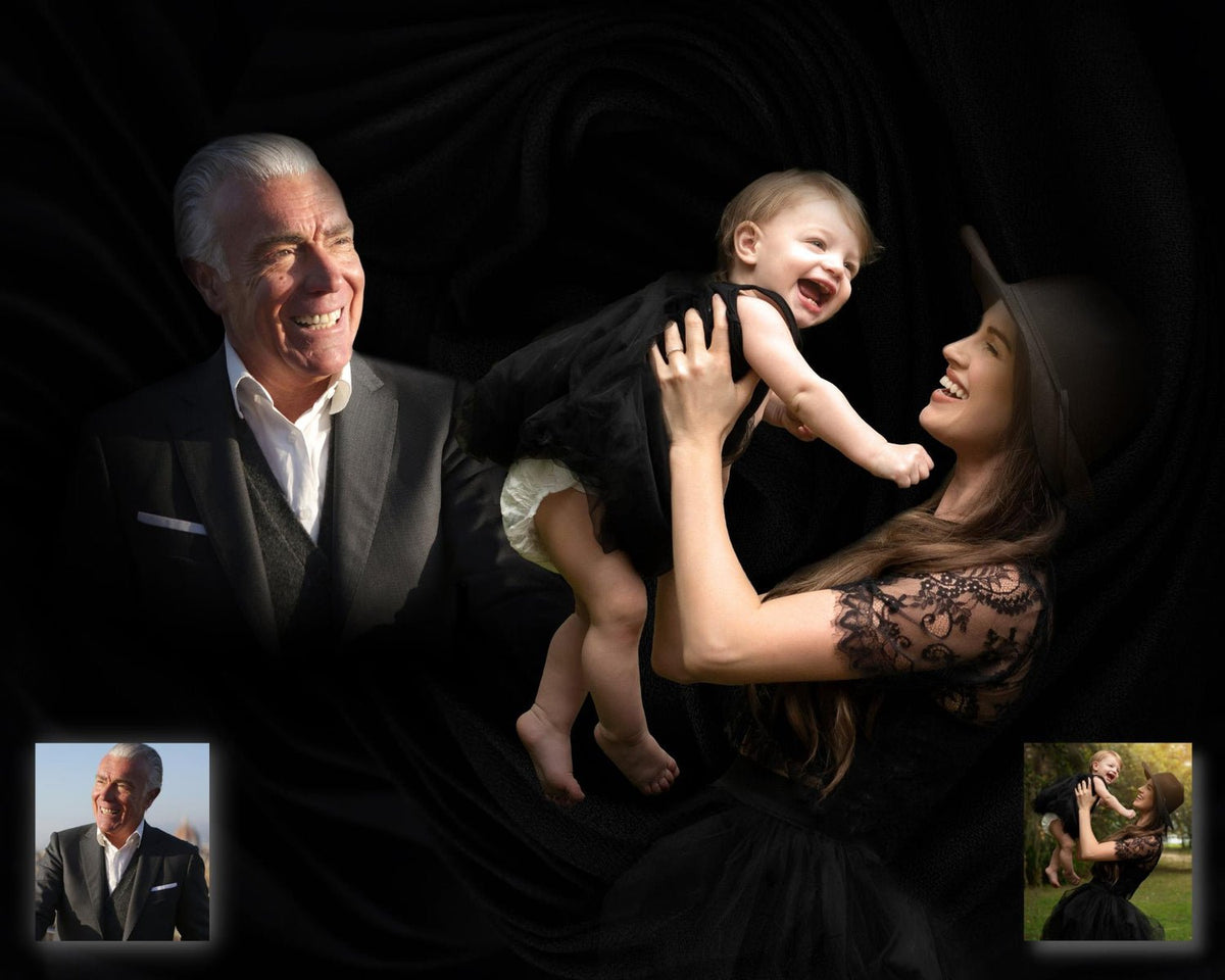 Sentimental personalized gift composite of deceased father next to his daughter