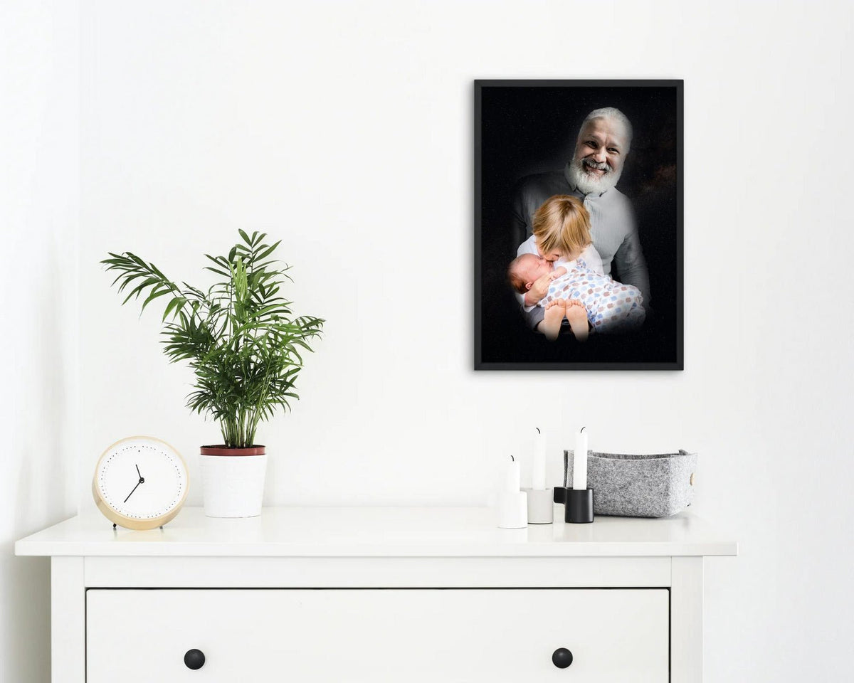 Framped poster print of a departed grandfather holding his grandchildren