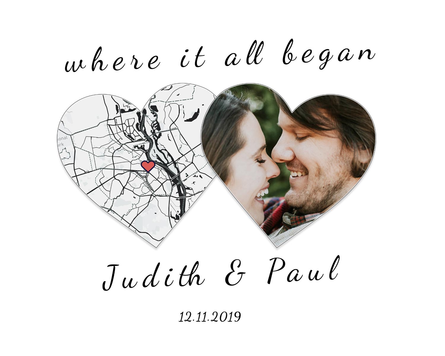 Personalized where it all began map with hearts around where a couple first met and began a relationship